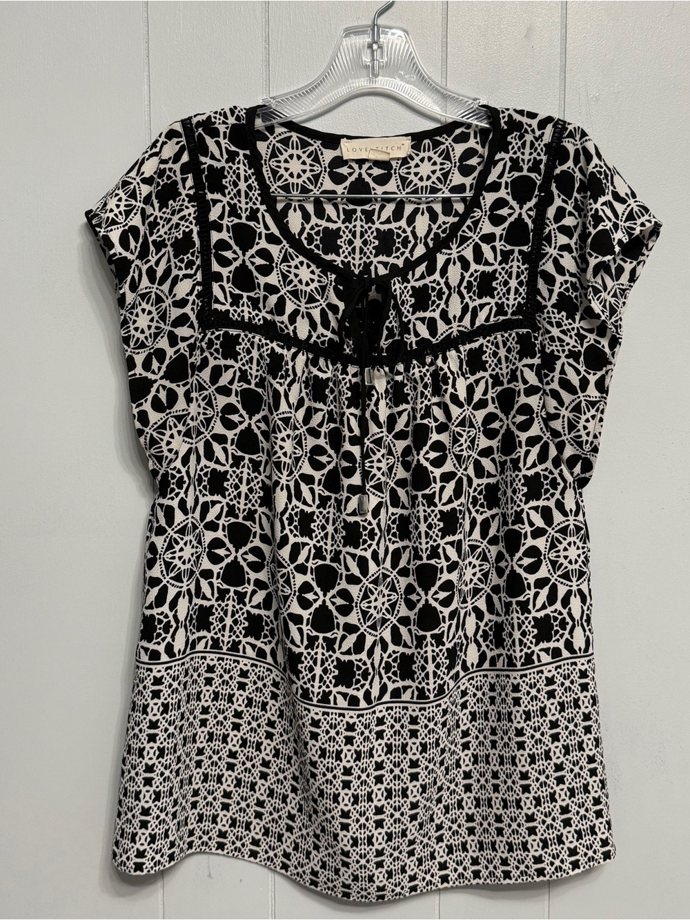 #19) lovestitch Black and White Printed Tie-Front Peasant Top